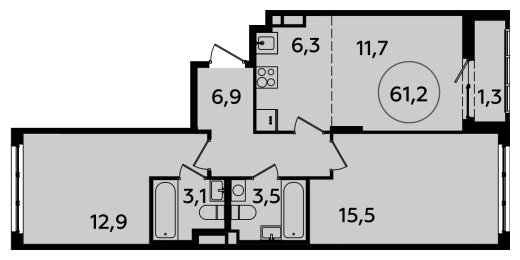 3-комнатная квартира (евро) с полной отделкой, 61.2 м2, 7 этаж, сдача 4 квартал 2023 г., ЖК Испанские кварталы, корпус 8.1 - объявление 1633403 - фото №1