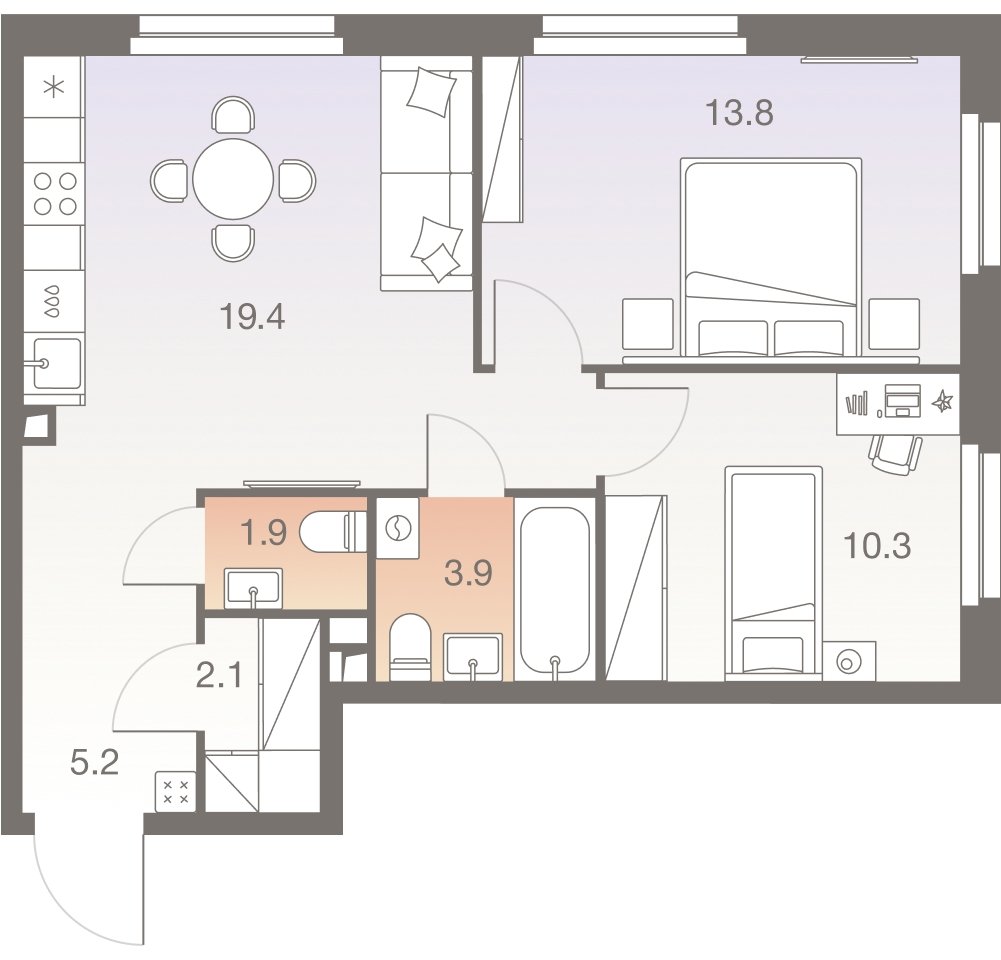 3-комнатная квартира (евро) без отделки, 57.1 м2, 23 этаж, сдача 1 квартал 2026 г., ЖК Twelve, корпус 3 - объявление 2331947 - фото №1