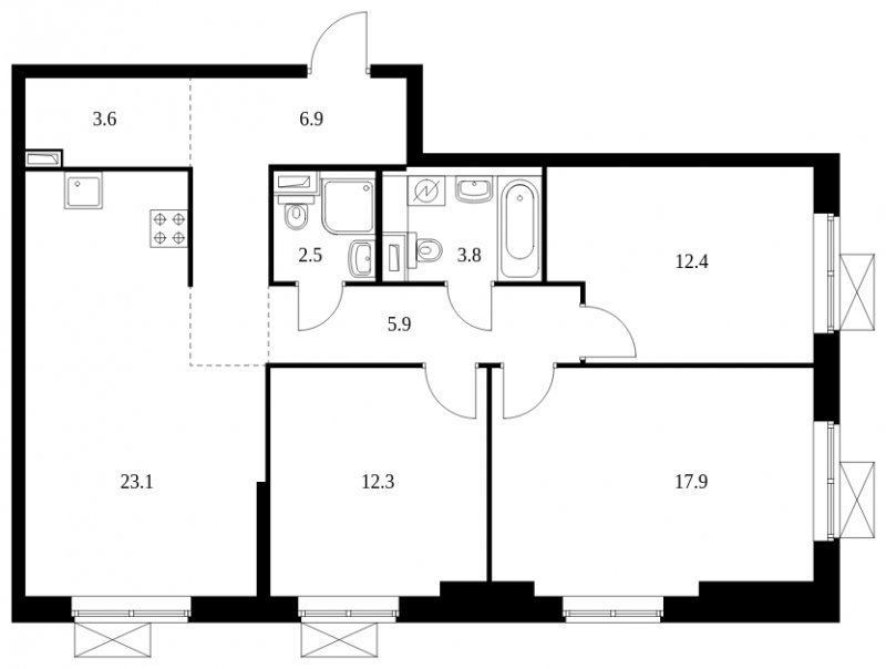 3-комнатная квартира с полной отделкой, 88.4 м2, 4 этаж, сдача 4 квартал 2023 г., ЖК Второй Нагатинский, корпус 4 - объявление 1741592 - фото №1