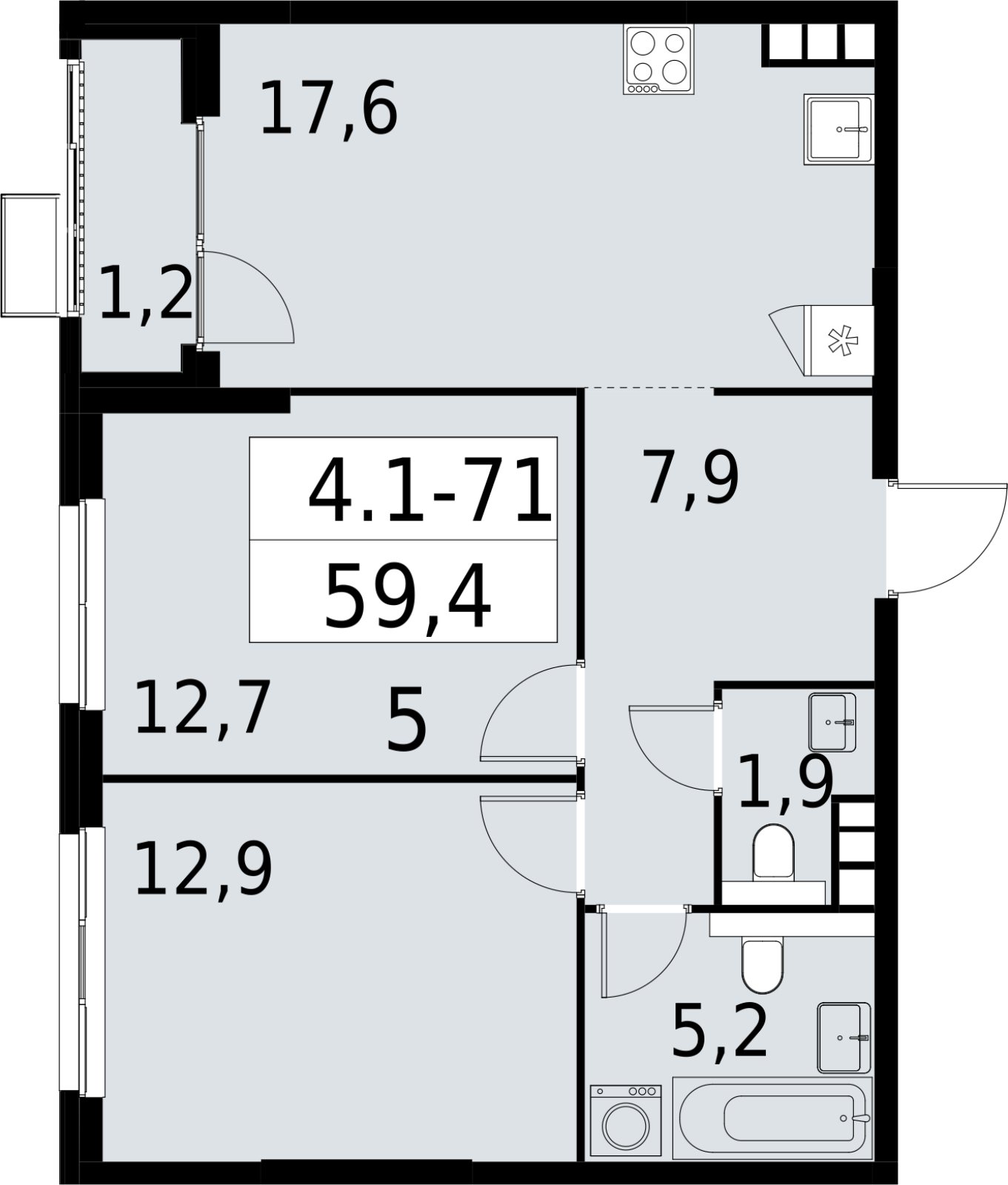 2-комнатная квартира с полной отделкой, 59.4 м2, 13 этаж, сдача 2 квартал 2027 г., ЖК Южные сады, корпус 4.1.1 - объявление 2392612 - фото №1