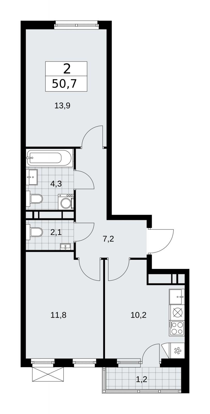 2-комнатная квартира без отделки, 50.7 м2, 11 этаж, сдача 4 квартал 2025 г., ЖК Прокшино, корпус 11.1.4 - объявление 2257827 - фото №1