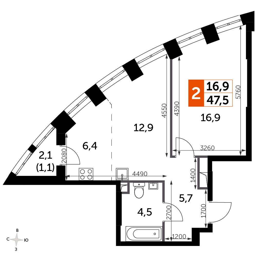 1-комнатная квартира с частичной отделкой, 47.5 м2, 10 этаж, сдача 3 квартал 2024 г., ЖК Sydney City, корпус 2.2 - объявление 2323052 - фото №1