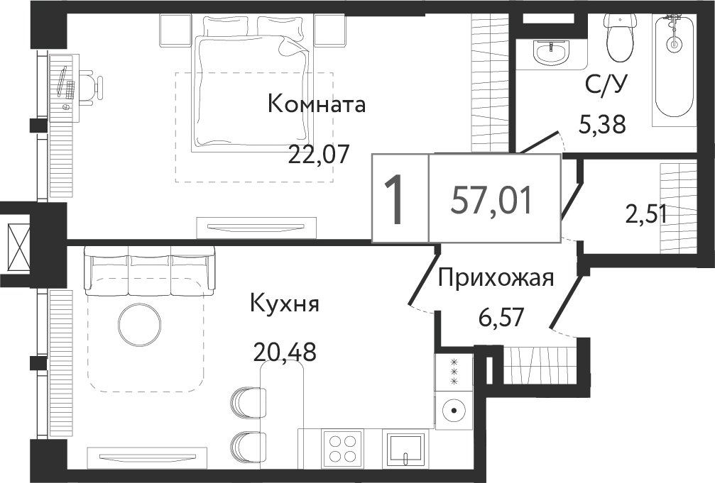 1-комнатная квартира без отделки, 57.01 м2, 7 этаж, сдача 3 квартал 2023 г., ЖК Dream Towers, корпус 2 - объявление 2261186 - фото №1
