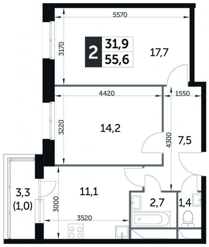 2-комнатная квартира без отделки, 55.6 м2, 15 этаж, дом сдан, ЖК Датский квартал, корпус 3 - объявление 1660982 - фото №1