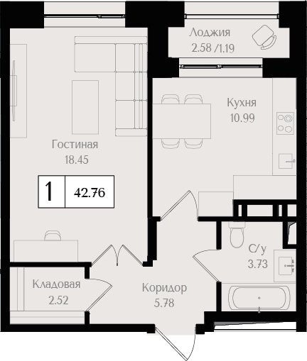 1-комнатная квартира без отделки, 42.8 м2, 17 этаж, дом сдан, ЖК Преображенская площадь, корпус 1 - объявление 2458315 - фото №1