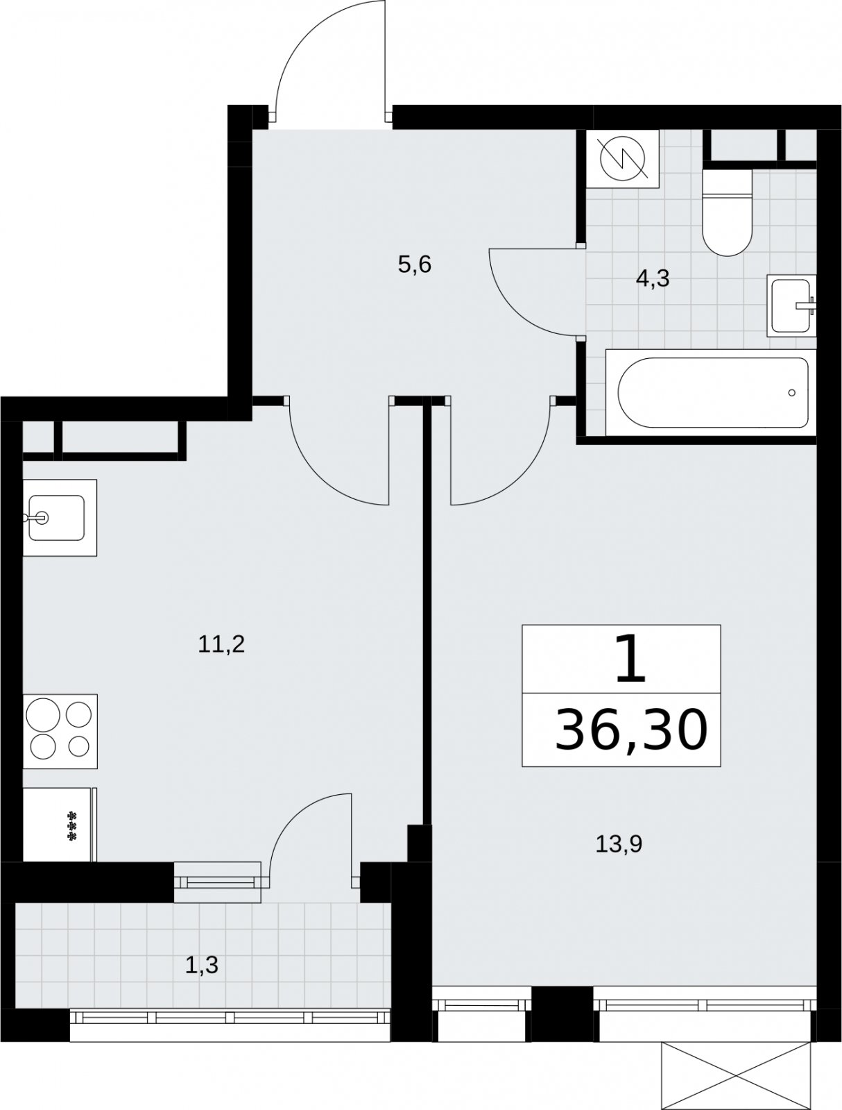 1-комнатная квартира без отделки, 36.3 м2, 3 этаж, сдача 3 квартал 2026 г., ЖК Родные кварталы, корпус 2 - объявление 2295525 - фото №1