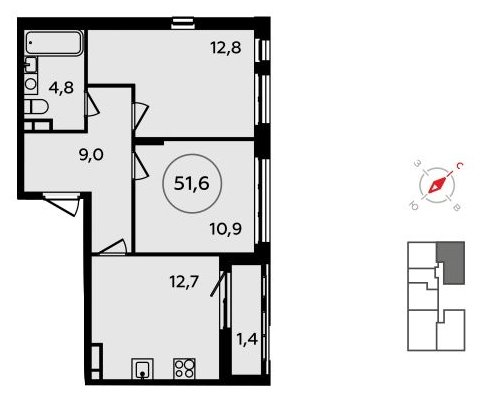 2-комнатная квартира без отделки, 51.6 м2, 14 этаж, сдача 4 квартал 2023 г., ЖК Скандинавия, корпус 2.15 - объявление 1516971 - фото №1