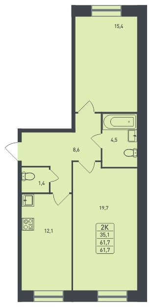 2-комнатная квартира без отделки, 61.7 м2, 1 этаж, дом сдан, ЖК Новая Щербинка, корпус 11 - объявление 1817166 - фото №1