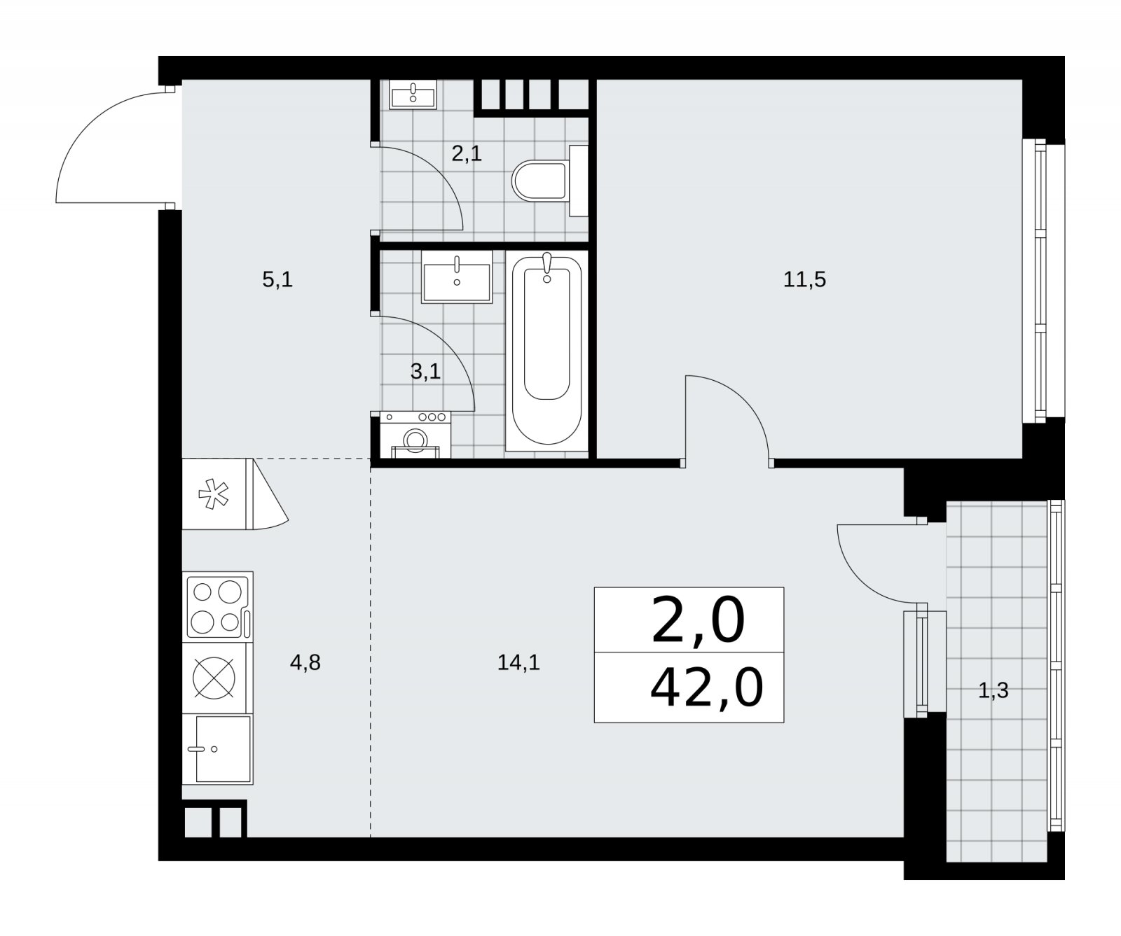 2-комнатная квартира (евро) с частичной отделкой, 42 м2, 4 этаж, сдача 2 квартал 2026 г., ЖК Дзен-кварталы, корпус 3.4 - объявление 2242256 - фото №1