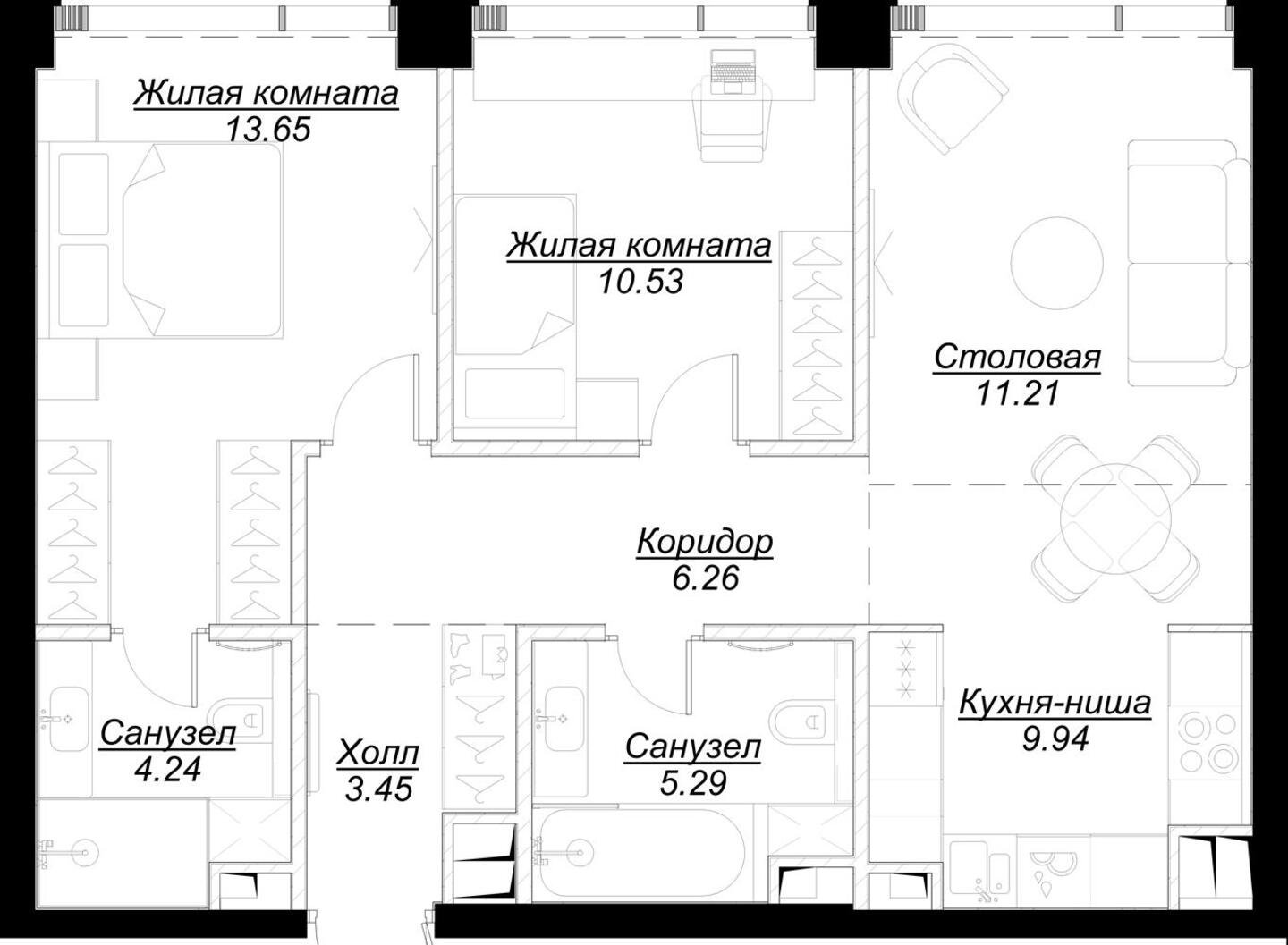 2-комнатная квартира с частичной отделкой, 64.44 м2, 30 этаж, сдача 4 квартал 2024 г., ЖК MOD, корпус Dreiser - объявление 2191551 - фото №1