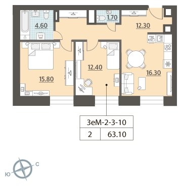 2-комнатная квартира без отделки, 63.1 м2, 3 этаж, сдача 4 квартал 2023 г., ЖК ЗИЛАРТ, корпус 15 - объявление 1947952 - фото №1