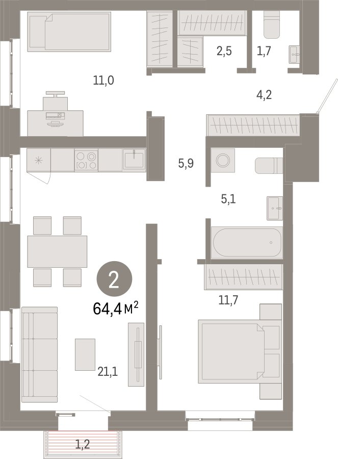 2-комнатная квартира с частичной отделкой, 64.4 м2, 11 этаж, сдача 3 квартал 2026 г., ЖК Квартал Метроном, корпус 1 - объявление 2303845 - фото №1