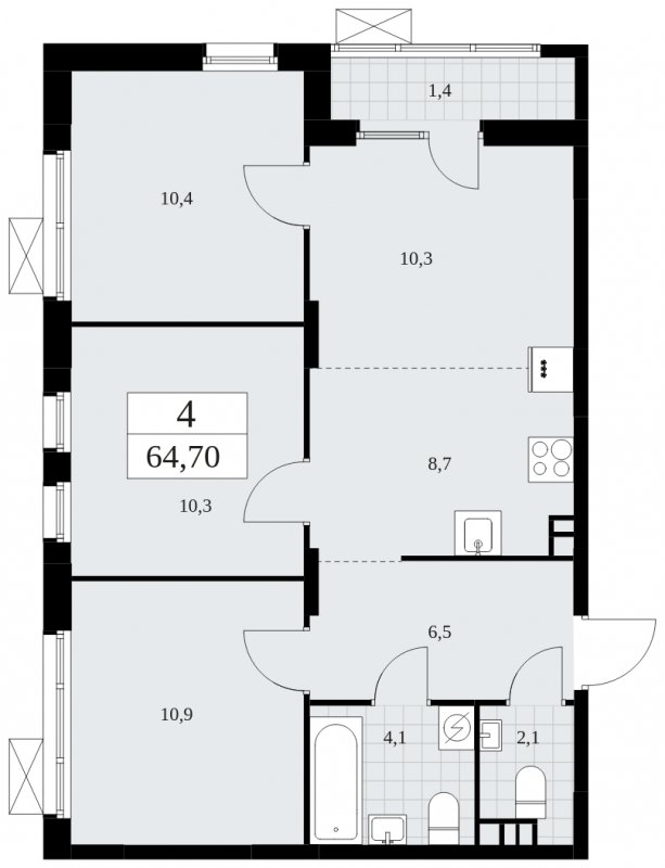 4-комнатная квартира (евро) с частичной отделкой, 64.7 м2, 3 этаж, сдача 3 квартал 2025 г., ЖК Дзен-кварталы, корпус 2.2 - объявление 1932455 - фото №1