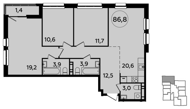 3-комнатная квартира с полной отделкой, 86.8 м2, 19 этаж, сдача 2 квартал 2024 г., ЖК Южные сады, корпус 1.1 - объявление 1512061 - фото №1