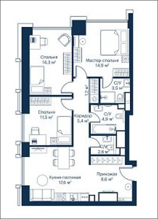 3-комнатная квартира с частичной отделкой, 84.62 м2, 22 этаж, сдача 2 квартал 2024 г., ЖК City Bay, корпус Indian Ocean 1 - объявление 1934872 - фото №1