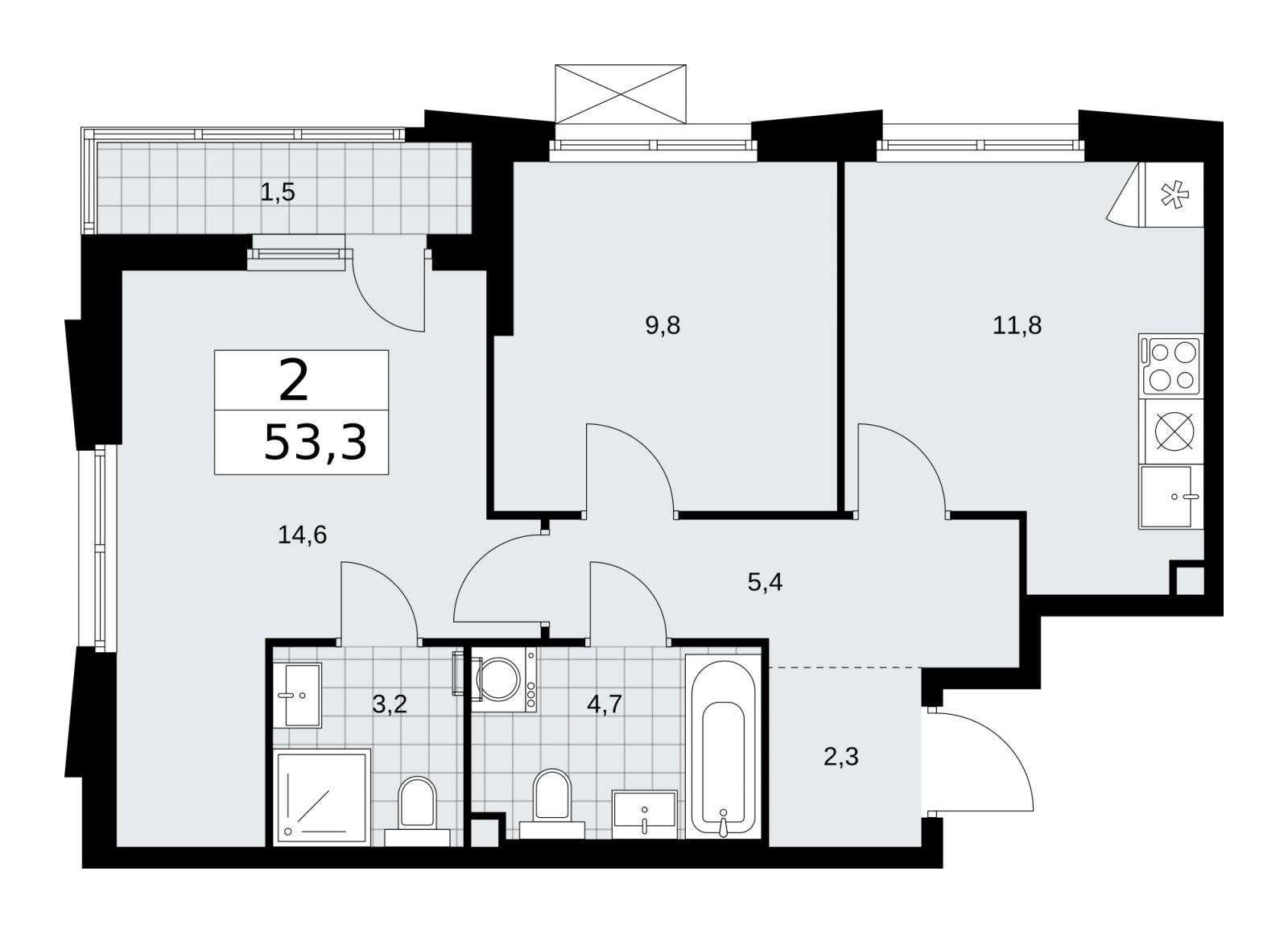 2-комнатная квартира с частичной отделкой, 53.3 м2, 2 этаж, сдача 1 квартал 2026 г., ЖК Прокшино, корпус 11.1.2 - объявление 2257246 - фото №1