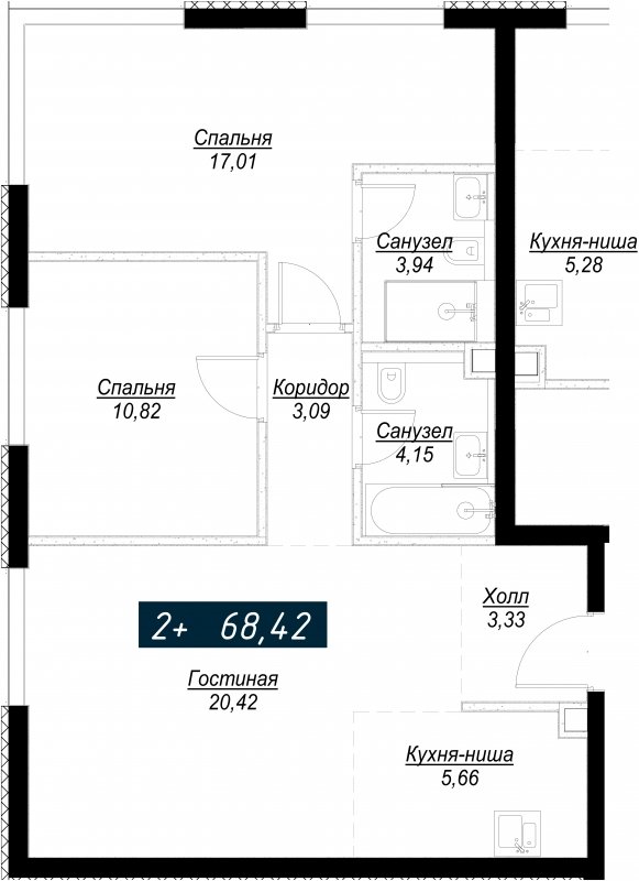 2-комнатная квартира с полной отделкой, 68.42 м2, 30 этаж, сдача 4 квартал 2022 г., ЖК Селигер Сити, корпус Кандинский - объявление 1640028 - фото №1