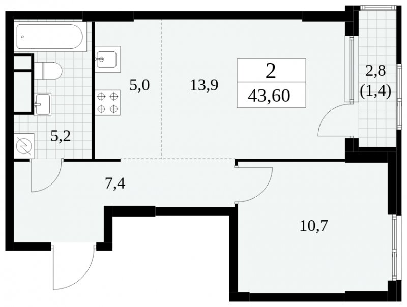 2-комнатная квартира (евро) без отделки, 43.6 м2, 4 этаж, сдача 2 квартал 2025 г., ЖК Южные сады, корпус 2.4 - объявление 1760276 - фото №1