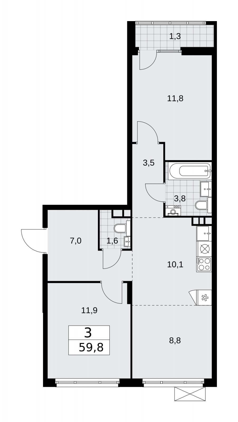 3-комнатная квартира (евро) без отделки, 59.8 м2, 7 этаж, сдача 1 квартал 2026 г., ЖК Деснаречье, корпус 4.2 - объявление 2263637 - фото №1