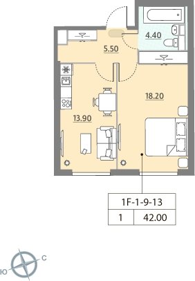 1-комнатная квартира без отделки, 41.8 м2, 5 этаж, дом сдан, ЖК ЗИЛАРТ, корпус 12 - объявление 2238916 - фото №1