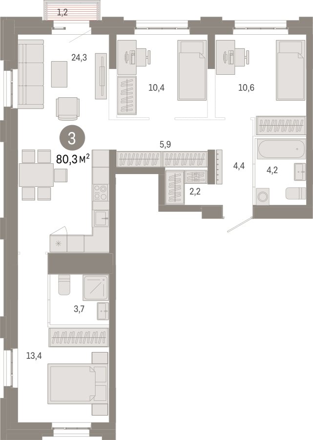 3-комнатная квартира с частичной отделкой, 80.3 м2, 5 этаж, сдача 3 квартал 2026 г., ЖК Квартал Метроном, корпус 1 - объявление 2331011 - фото №1