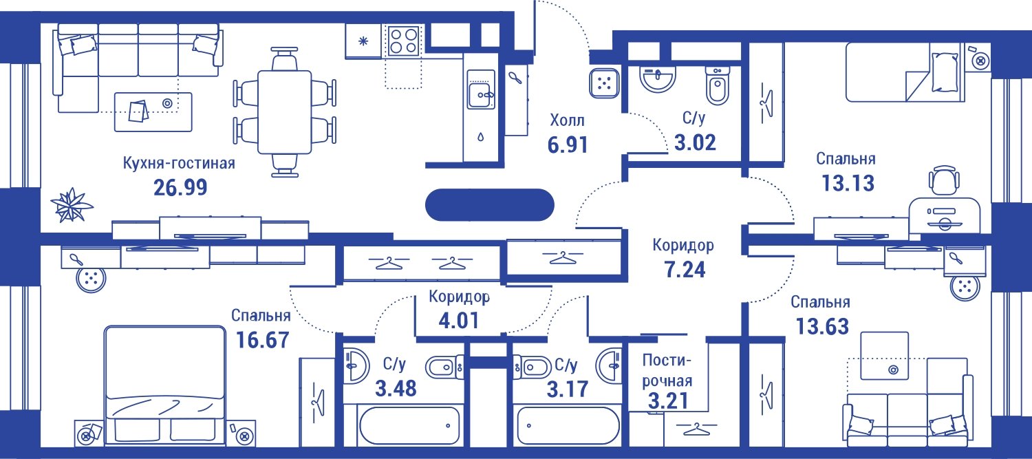 4-комнатная квартира с полной отделкой, 101.46 м2, 4 этаж, сдача 3 квартал 2024 г., ЖК iLove, корпус 2 - объявление 2246523 - фото №1