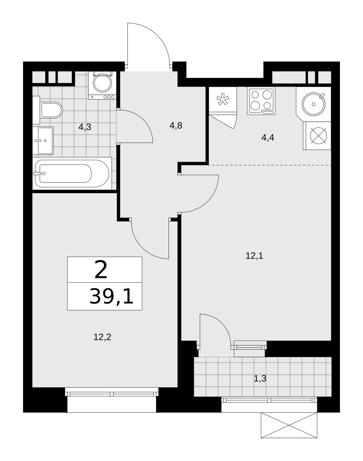 2-комнатная квартира (евро) без отделки, 39.1 м2, 7 этаж, сдача 4 квартал 2025 г., ЖК Бунинские кварталы, корпус 6.4 - объявление 2252696 - фото №1