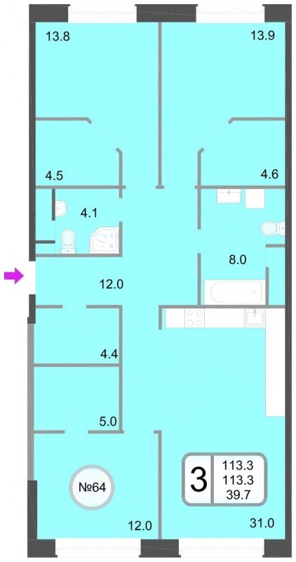 3-комнатная квартира без отделки, 113.3 м2, 2 этаж, дом сдан, ЖК Хорошевский, корпус 1 - объявление 1067712 - фото №1