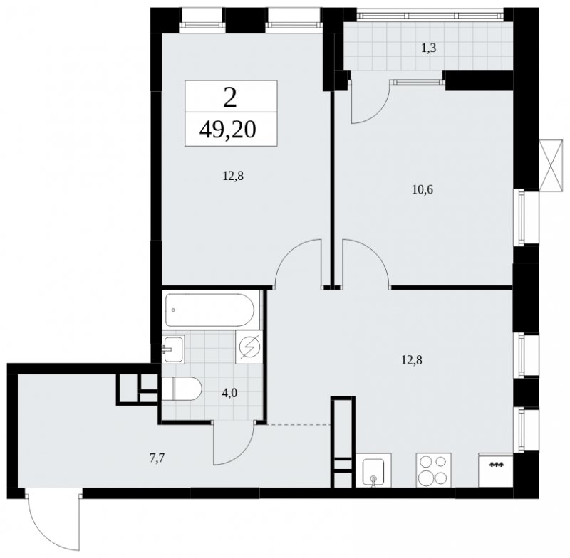 2-комнатная квартира без отделки, 49.2 м2, 14 этаж, сдача 1 квартал 2025 г., ЖК Дзен-кварталы, корпус 1.3 - объявление 1896018 - фото №1