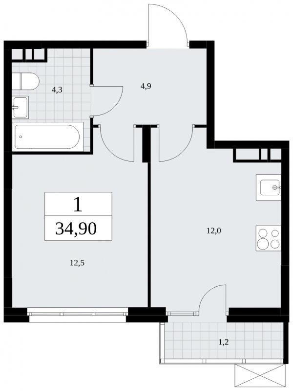 1-комнатная квартира с частичной отделкой, 34.9 м2, 9 этаж, сдача 4 квартал 2024 г., ЖК Скандинавия, корпус 35.1.4 - объявление 1779800 - фото №1