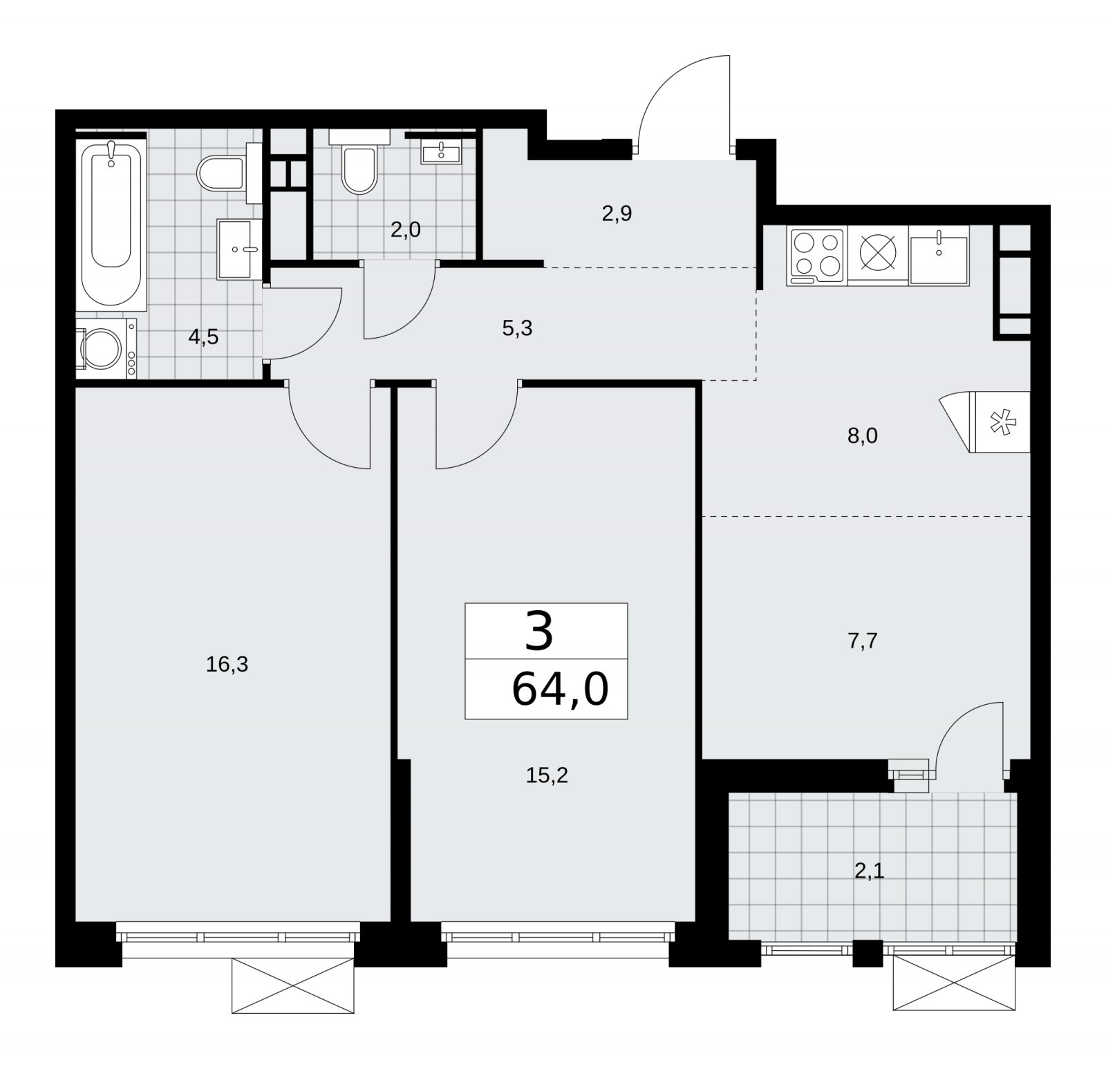 3-комнатная квартира (евро) без отделки, 64 м2, 7 этаж, сдача 2 квартал 2026 г., ЖК Скандинавия, корпус 25.6 - объявление 2284274 - фото №1