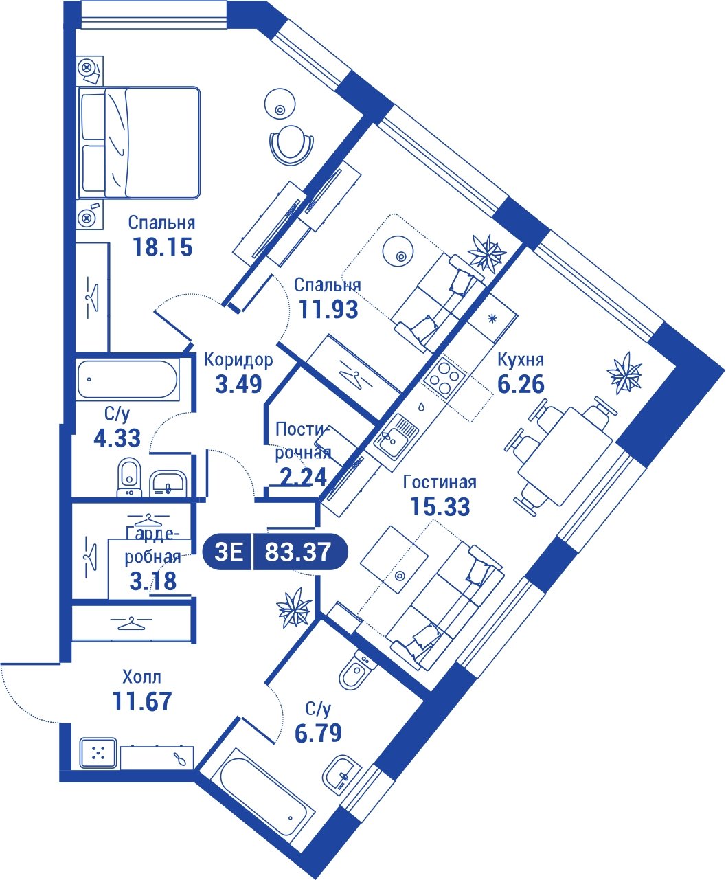 3-комнатная квартира без отделки, 81.7 м2, 24 этаж, сдача 4 квартал 2023 г., ЖК iLove, корпус 3 - объявление 2047324 - фото №1