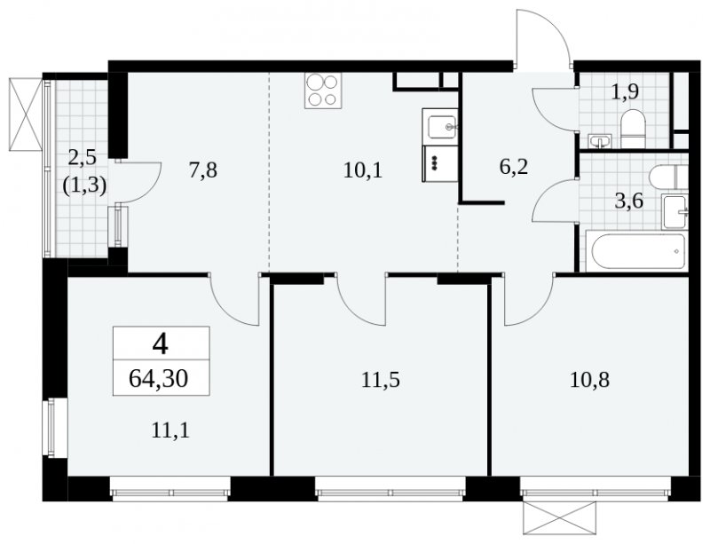 4-комнатная квартира (евро) с полной отделкой, 64.3 м2, 6 этаж, дом сдан, ЖК Прокшино, корпус 6.5 - объявление 1663357 - фото №1