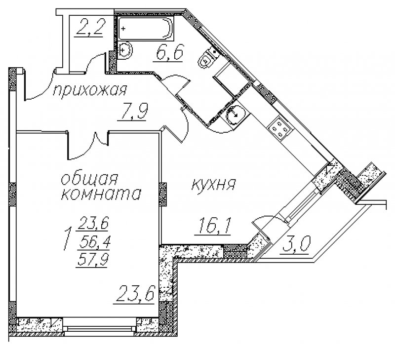 1-комнатная квартира без отделки, 57.9 м2, 2 этаж, дом сдан, ЖК Полет Ногинск, корпус 2 - объявление 1674453 - фото №1