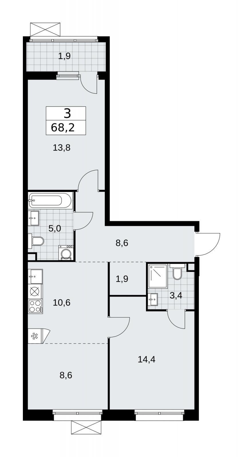3-комнатная квартира (евро) без отделки, 68.2 м2, 2 этаж, сдача 1 квартал 2026 г., ЖК Дзен-кварталы, корпус 4.3 - объявление 2251660 - фото №1