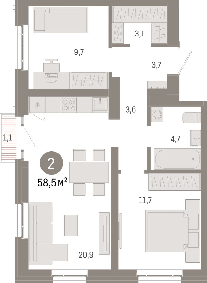 2-комнатная квартира с частичной отделкой, 58.5 м2, 3 этаж, сдача 3 квартал 2026 г., ЖК Квартал Метроном, корпус 1 - объявление 2331334 - фото №1
