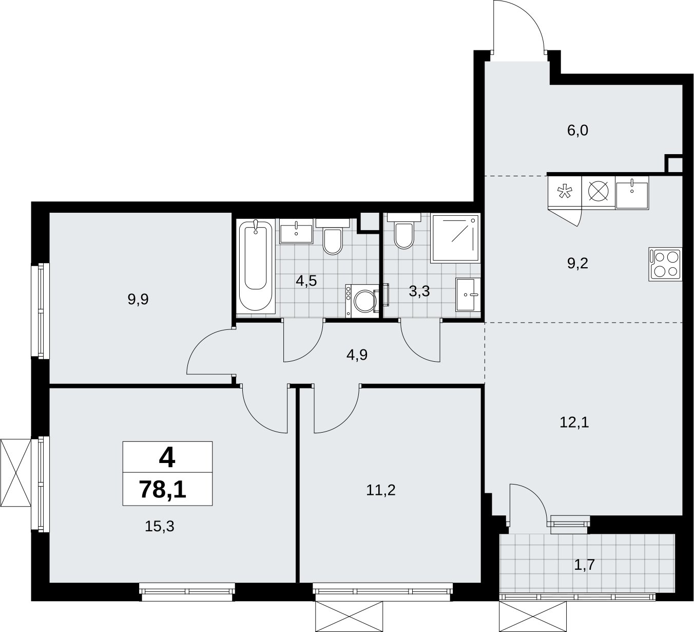 4-комнатная квартира (евро) с полной отделкой, 78.1 м2, 2 этаж, сдача 3 квартал 2026 г., ЖК Дзен-кварталы, корпус 6.1.4 - объявление 2328142 - фото №1