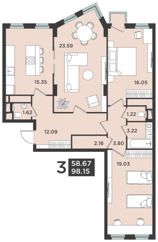 3-комнатная квартира 99 м2, 5 этаж, дом сдан, ЖК Лефорт, корпус 3 - объявление 1660503 - фото №1