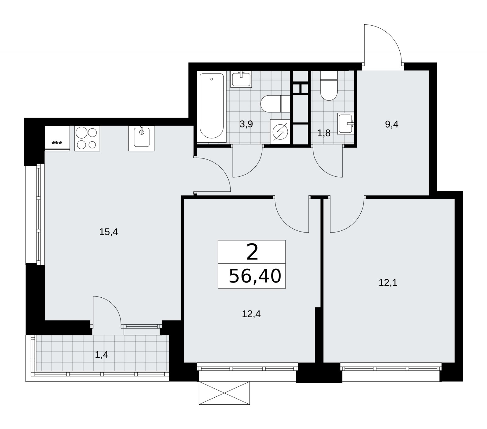 2-комнатная квартира без отделки, 56.4 м2, 7 этаж, сдача 3 квартал 2025 г., ЖК Бунинские кварталы, корпус 3.1 - объявление 2151795 - фото №1