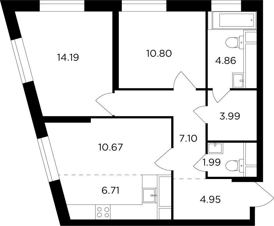 3-комнатная квартира без отделки, 65.26 м2, 9 этаж, дом сдан, ЖК КутузовGRAD 2, корпус 6 - объявление 2007653 - фото №1