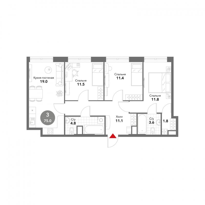 4-комнатная квартира без отделки, 75 м2, 4 этаж, сдача 3 квартал 2025 г., ЖК VOXHALL, корпус 2 - объявление 1785355 - фото №1