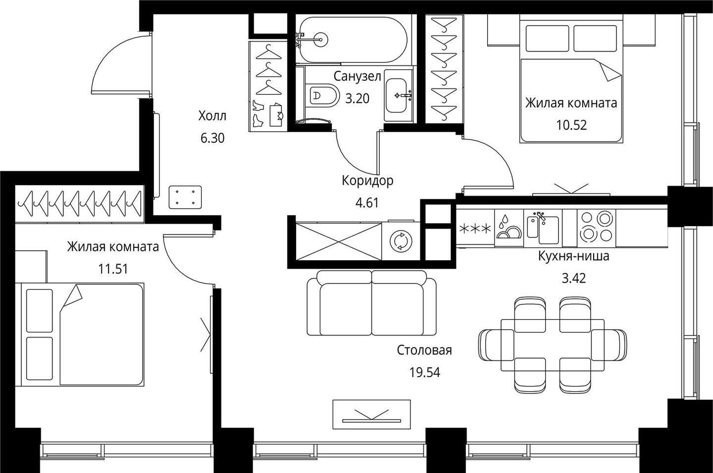 2-комнатная квартира с частичной отделкой, 59.1 м2, 20 этаж, сдача 3 квартал 2026 г., ЖК City Bay, корпус North Ocean 11 - объявление 2240495 - фото №1