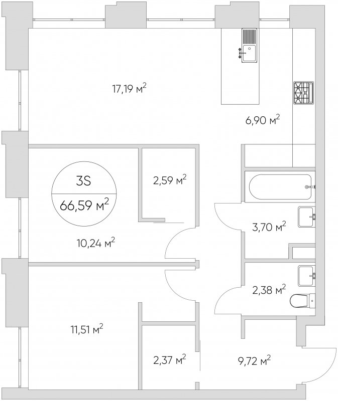 3-комнатные апартаменты с частичной отделкой, 66.59 м2, 4 этаж, сдача 1 квартал 2024 г., ЖК N'ICE LOFT, корпус 4 - объявление 1631783 - фото №1