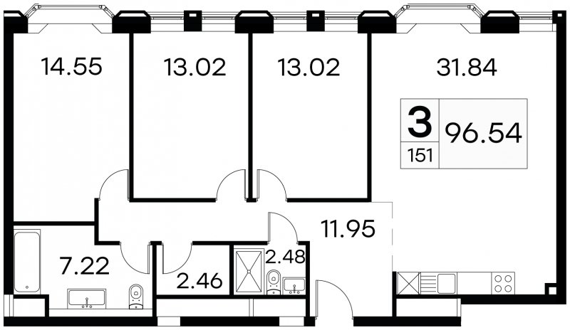 3-комнатные апартаменты с частичной отделкой, 96.54 м2, 15 этаж, сдача 3 квартал 2024 г., ЖК GloraX Aura Белорусская, корпус 1 - объявление 1708613 - фото №1