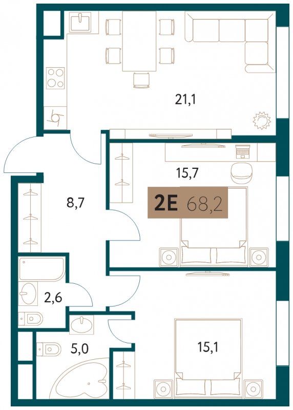 2-комнатная квартира 68.2 м2, 13 этаж, сдача 4 квартал 2022 г., ЖК Настоящее, корпус 3 - объявление 1711345 - фото №1