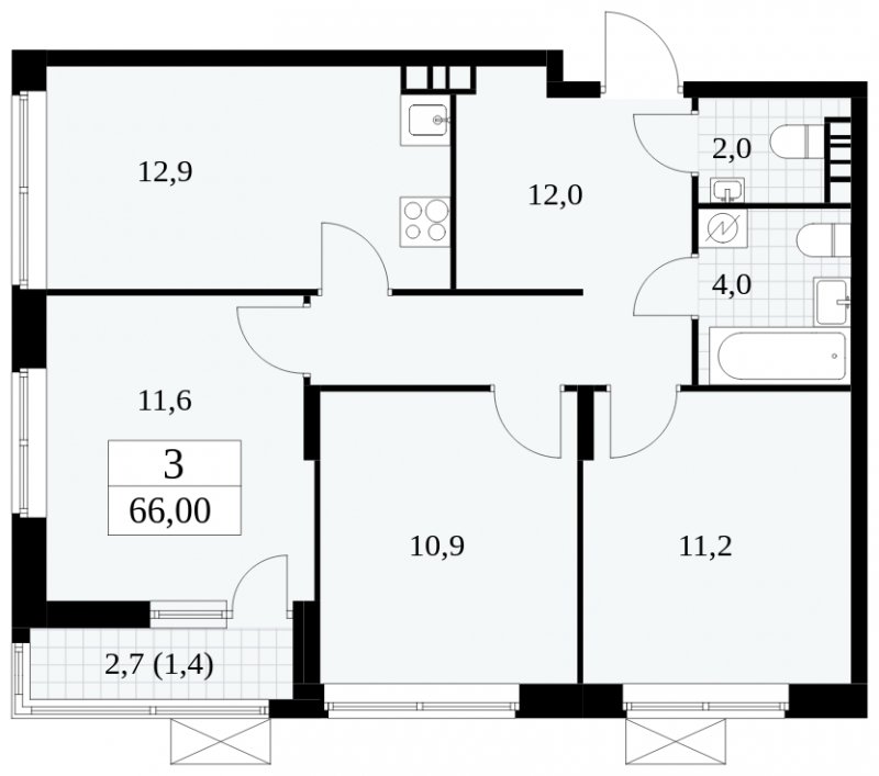 3-комнатная квартира без отделки, 66 м2, 9 этаж, сдача 1 квартал 2025 г., ЖК Прокшино, корпус 5.2.1 - объявление 1751011 - фото №1