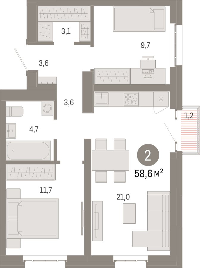 2-комнатная квартира с частичной отделкой, 58.6 м2, 13 этаж, сдача 3 квартал 2026 г., ЖК Квартал Метроном, корпус 1 - объявление 2372352 - фото №1