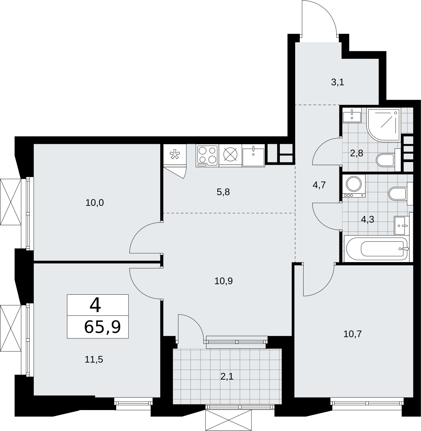 4-комнатная квартира (евро) без отделки, 65.9 м2, 7 этаж, сдача 2 квартал 2026 г., ЖК Бунинские кварталы, корпус 5.2 - объявление 2297356 - фото №1