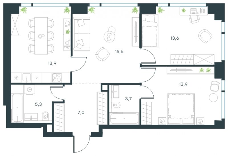3-комнатная квартира с частичной отделкой, 73 м2, 3 этаж, сдача 4 квартал 2024 г., ЖК Level Мичуринский, корпус 5 - объявление 1667836 - фото №1