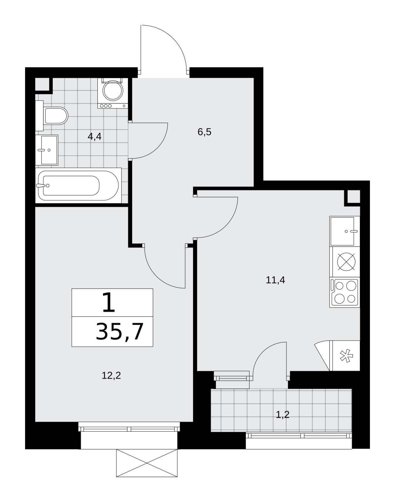1-комнатная квартира без отделки, 35.7 м2, 2 этаж, сдача 4 квартал 2025 г., ЖК Бунинские кварталы, корпус 6.4 - объявление 2252705 - фото №1